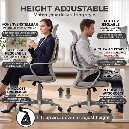 Ergonomic Office Chair, Adjustable Height with Headrest, Grey
