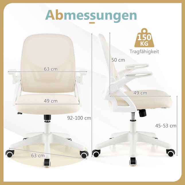 Ergonomic Office Chair, Beige, Folding Arms, Lumbar Support