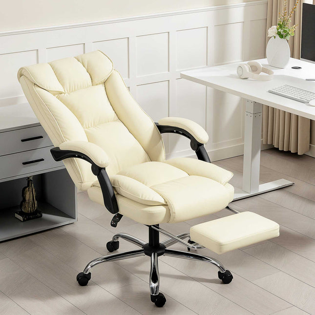 Ergonomic Office Chair with Footrest, Faux Leather, Beige/Black