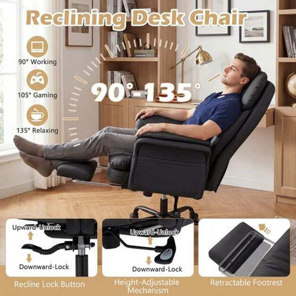 Ergonomic Office Chair with Retractable Footrest, Black