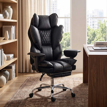 Executive Office Chair, Black Faux Leather, Reclines to 135