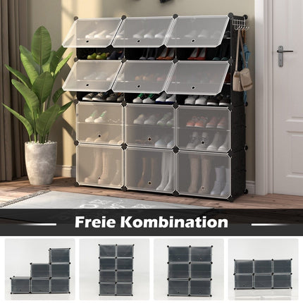 Expandable 12-Cube Shoe Rack with Side Hooks