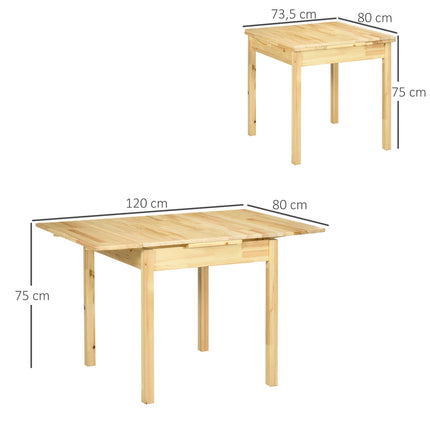 Folding wooden table for 2-4 people, natural finish, 120x80x75cm