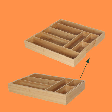 Extendable Bamboo Cutlery Tray – Adjustable, 6-8 Compartments