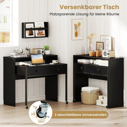 Extendable Computer Desk with 2 Drawers & Wheels, Black