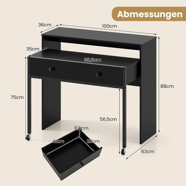 Extendable Computer Desk with 2 Drawers & Wheels, Black