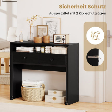 Extendable Computer Desk with 2 Drawers & Wheels, Black