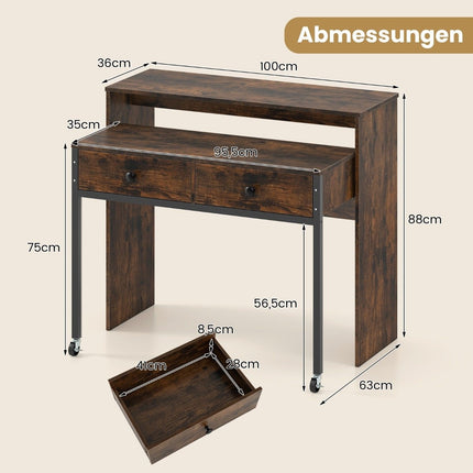 Extendable Desk with 2 Drawers & Wheels, 100x63x88 cm, Brown