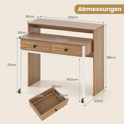 Extendable Desk with 2 Drawers & Wheels, 100x63x88 cm