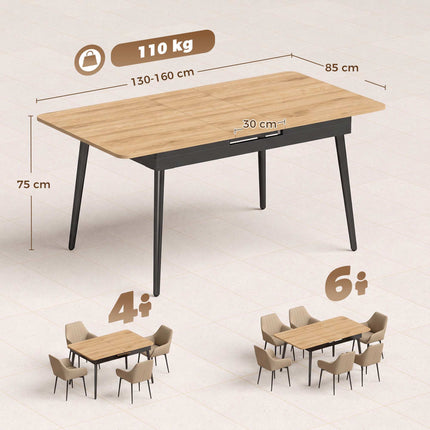 Extendable Dining Table 130–160 cm with Rounded Corners, Oak Look, Black
