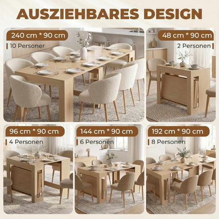 Extendable Dining Table, 48–240 cm, Seats 10, Light Brown