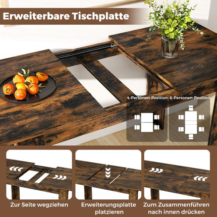Extendable Dining Table, Seats 4-6, Rustic Brown, 110kg Capacity