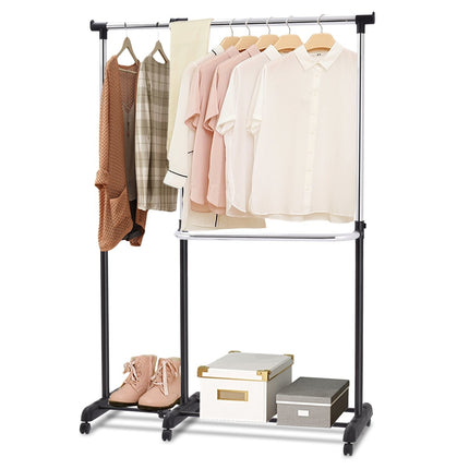 Extendable clothes rack, height-adjustable clothes rack, clothes rail with 2 shelves, black
