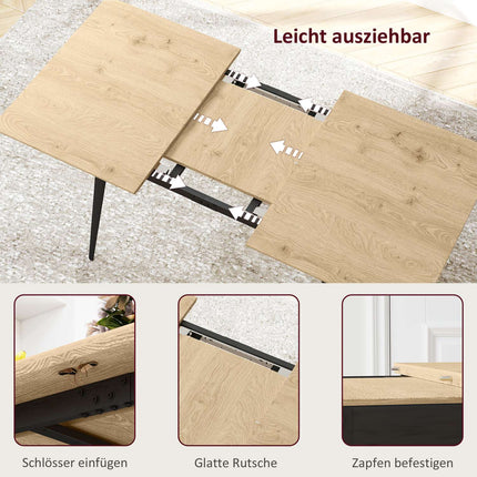 Extendable dining table, seats 6-8, steel legs, natural finish