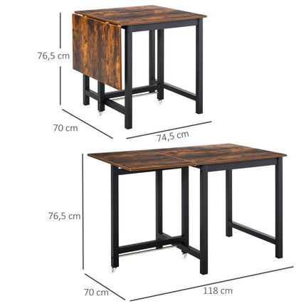 Folding metal dining table w/ wheels, 118x70x76.5cm, Brown