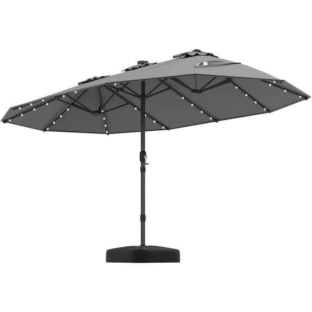 Extra-Large Grey Patio Umbrella with Solar LED Lights