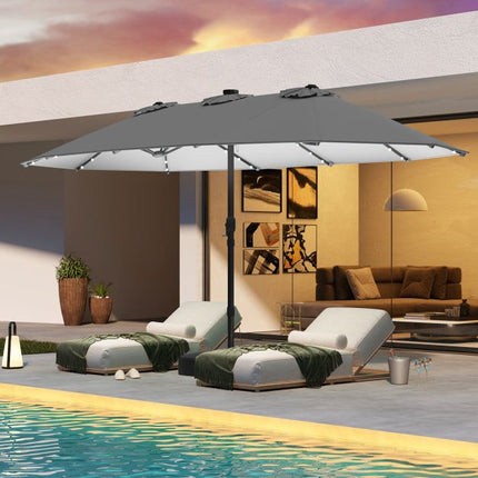 Extra-Large Grey Patio Umbrella with Solar LED Lights