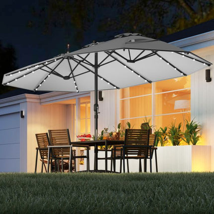 Extra-Large Grey Patio Umbrella with Solar LED Lights