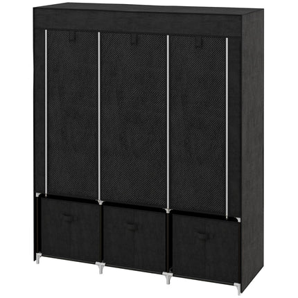 Black fabric wardrobe with rails and drawers