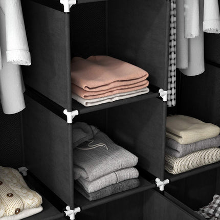 Black fabric wardrobe with rails and drawers