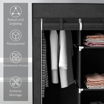 Black fabric wardrobe with rails and drawers