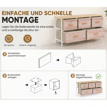 Fabric Dresser with 5 Drawers, Metal Frame, Wood Top