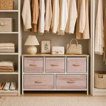 Fabric Dresser with 5 Drawers, Metal Frame, Wood Top