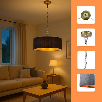 Fabric Shade Pendant Light, Grooved Design, Bronze Interior