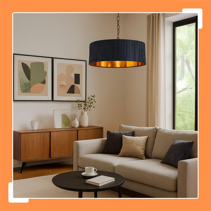 Fabric Shade Pendant Light, Grooved Design, Bronze Interior