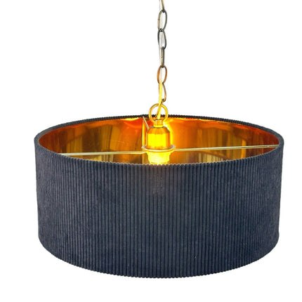 Fabric Shade Pendant Light, Grooved Design, Bronze Interior
