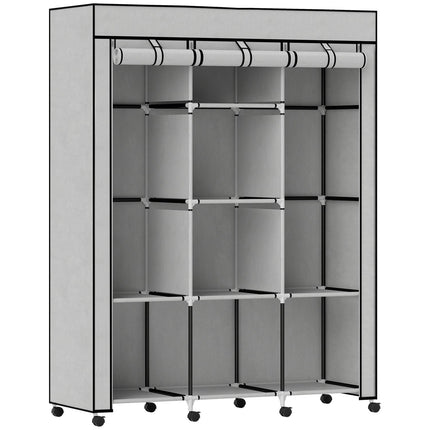 Fabric Wardrobe, 8 Shelves, 2 Hanging Rods, Gray