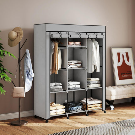 Fabric Wardrobe, 8 Shelves, 2 Hanging Rods, Gray