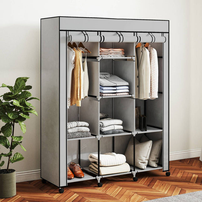 Fabric Wardrobe, 8 Shelves, 2 Hanging Rods, Gray