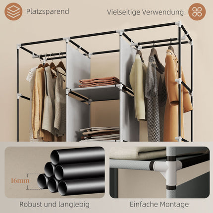Fabric Wardrobe, 8 Shelves, 2 Hanging Rods, Gray
