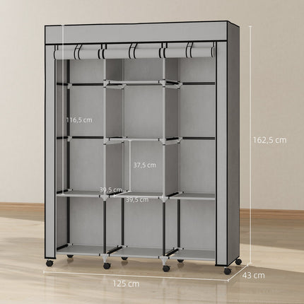 Fabric Wardrobe, 8 Shelves, 2 Hanging Rods, Gray