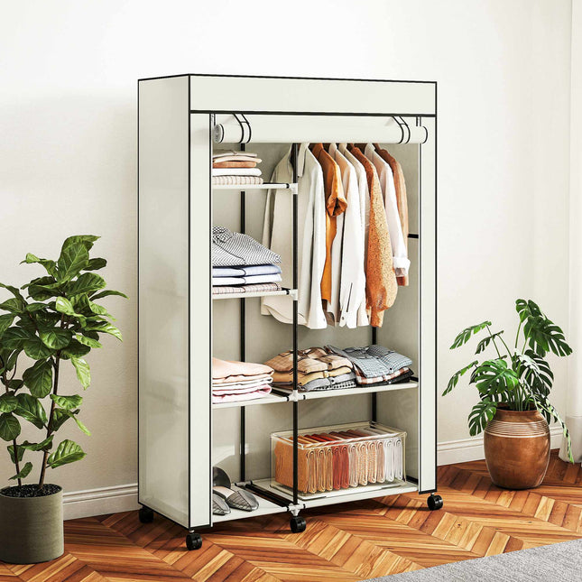 Fabric Wardrobe Closet, 6 Shelves, Hanging Rail, Cream