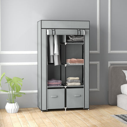 Space-saving fabric wardrobe, 5 compartments & rail, light grey