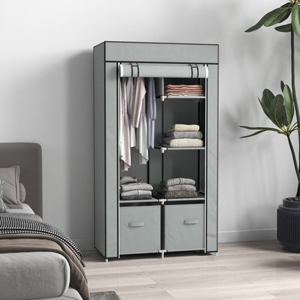 Space-saving fabric wardrobe, 5 compartments & rail, light grey