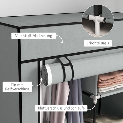 Space-saving fabric wardrobe, 5 compartments & rail, light grey
