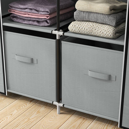 Space-saving fabric wardrobe, 5 compartments & rail, light grey