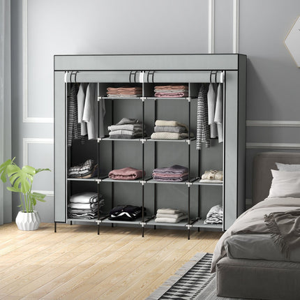 Dark gray fabric wardrobe with rail, 10 shelves, 4 drawers