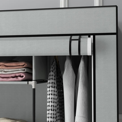 Dark gray fabric wardrobe with rail, 10 shelves, 4 drawers