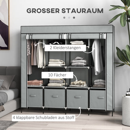Dark gray fabric wardrobe with rail, 10 shelves, 4 drawers