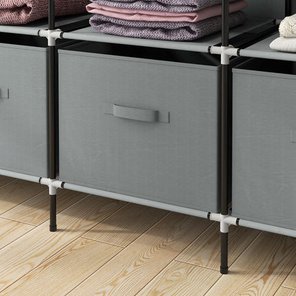 Dark gray fabric wardrobe with rail, 10 shelves, 4 drawers