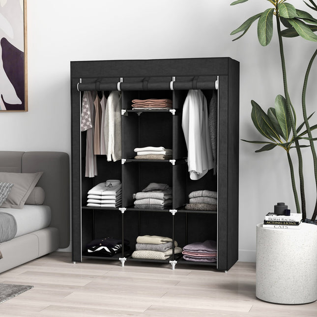Fabric wardrobe with clothes rail, 8 shelves, light grey, space-saving