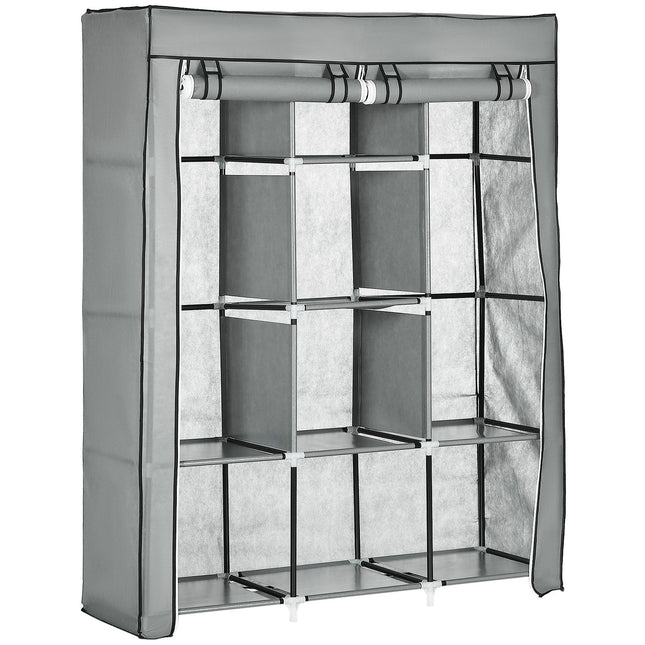 Fabric wardrobe with rails, 8 levels, foldable, light grey
