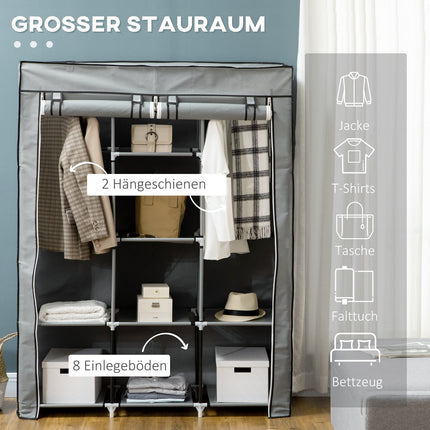 Fabric wardrobe with rails, 8 levels, foldable, light grey