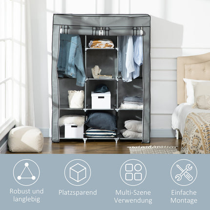Fabric wardrobe with rails, 8 levels, foldable, light grey