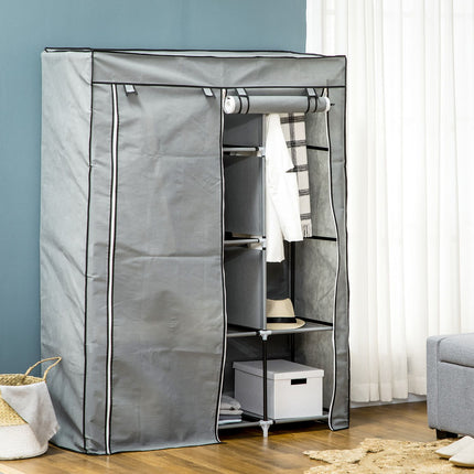 Fabric wardrobe with rails, 8 levels, foldable, light grey