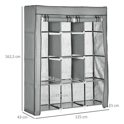 Fabric wardrobe with rails, 8 levels, foldable, light grey